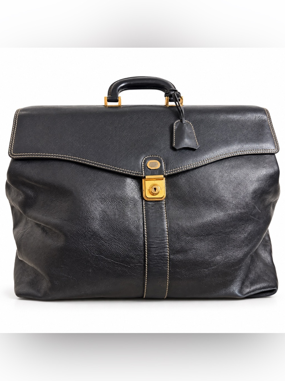 Dunhill Black Leather Large Business Carry-On Travel Bag Gold Hardware